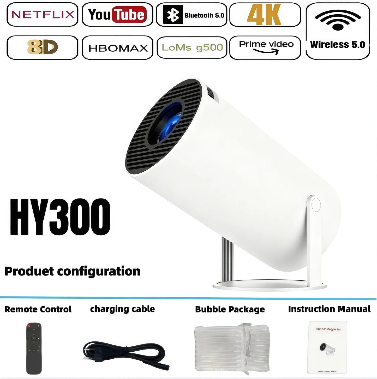 HY300 Portable 4K Projector with Android 11 and WiFi