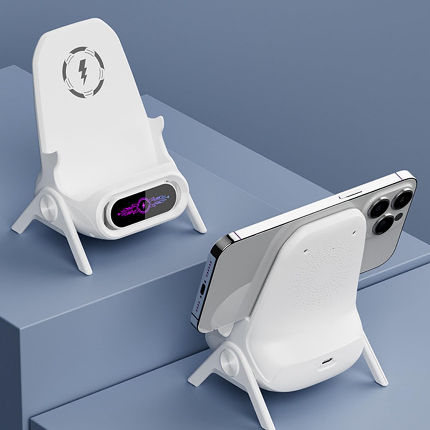 Soporte de Celular Inteligente 3-en-1 – Carga, Sonido y Estilo para tu Escritorio
