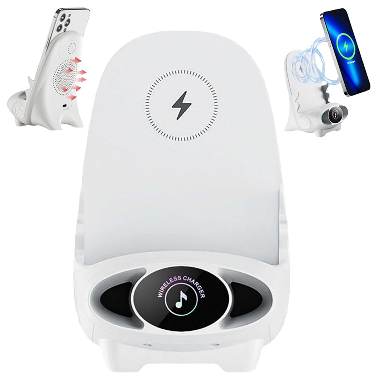 Soporte de Celular Inteligente 3-en-1 – Carga, Sonido y Estilo para tu Escritorio