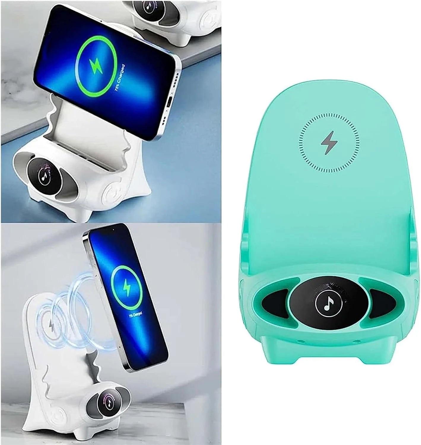 Soporte de Celular Inteligente 3-en-1 – Carga, Sonido y Estilo para tu Escritorio