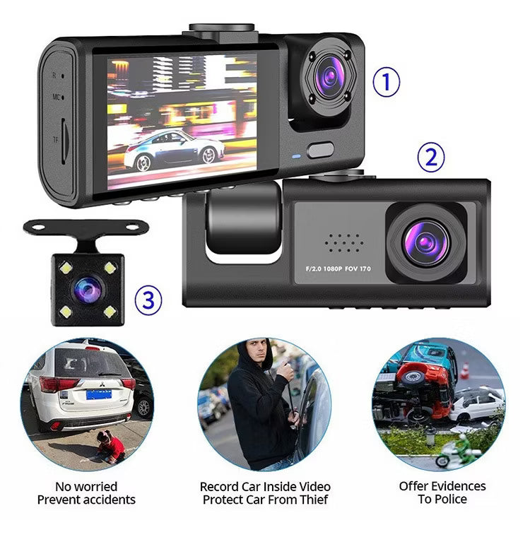 Dash Cam 3-en-1 Pro – ¡Tu Testigo Ocular en la Carretera con Grabación HD!