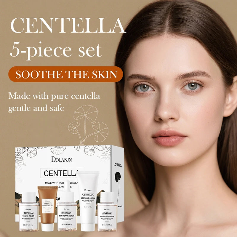 DOLANJN 5pcs Centella Asiatica Skincare Set Sun Repair Serum Toner Cleansing Oil Foam Soothing Cream