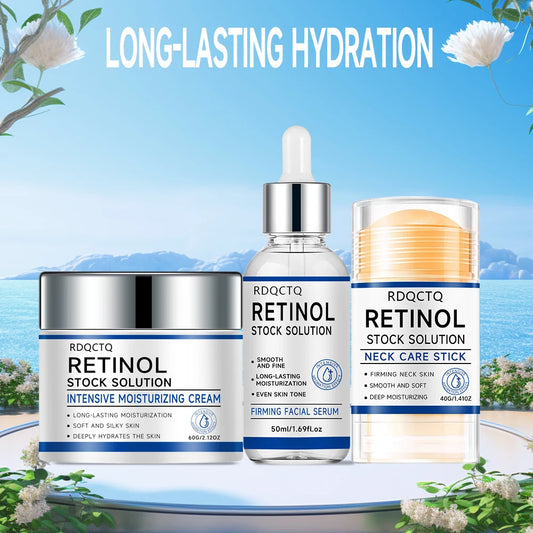 Retinol Serum + Intensive Moisturizing Cream + Neck Care Stick 3-Piece Set - Long-Lasting Hydration for Soft, Silky & Deeply Nou