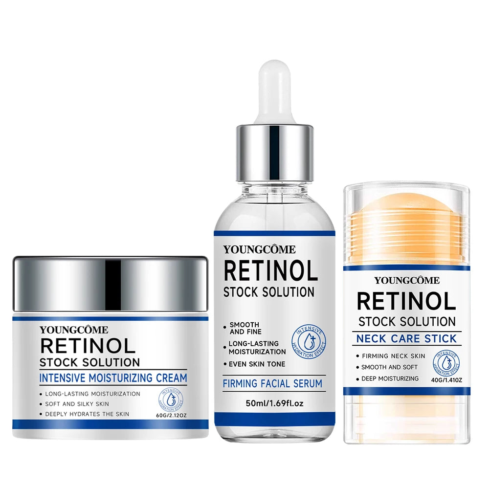 Retinol Serum + Intensive Moisturizing Cream + Neck Care Stick 3-Piece Set - Long-Lasting Hydration for Soft, Silky & Deeply Nou