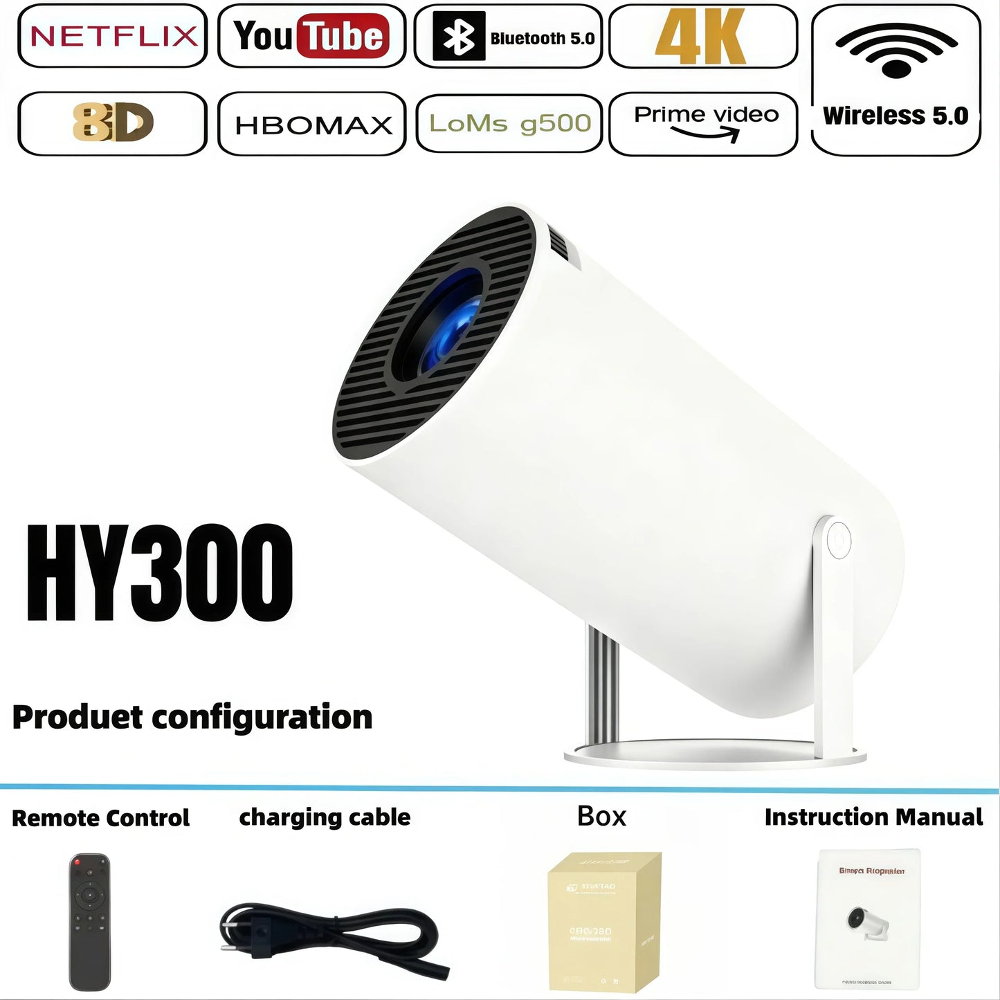 HY300 Portable 4K Projector with Android 11 and WiFi