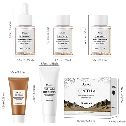 DOLANJN 5pcs Centella Asiatica Skincare Set Sun Repair Serum Toner Cleansing Oil Foam Soothing Cream