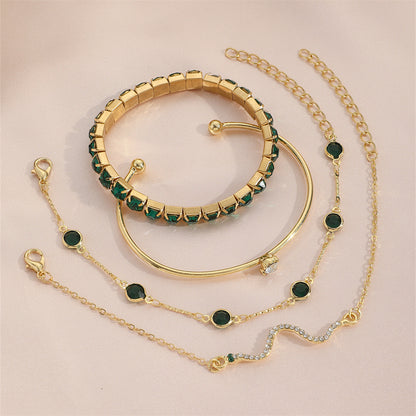 Set de 4 Pulseras de Lujo "Green Diamond" – Estilo Esmeralda y Cristales