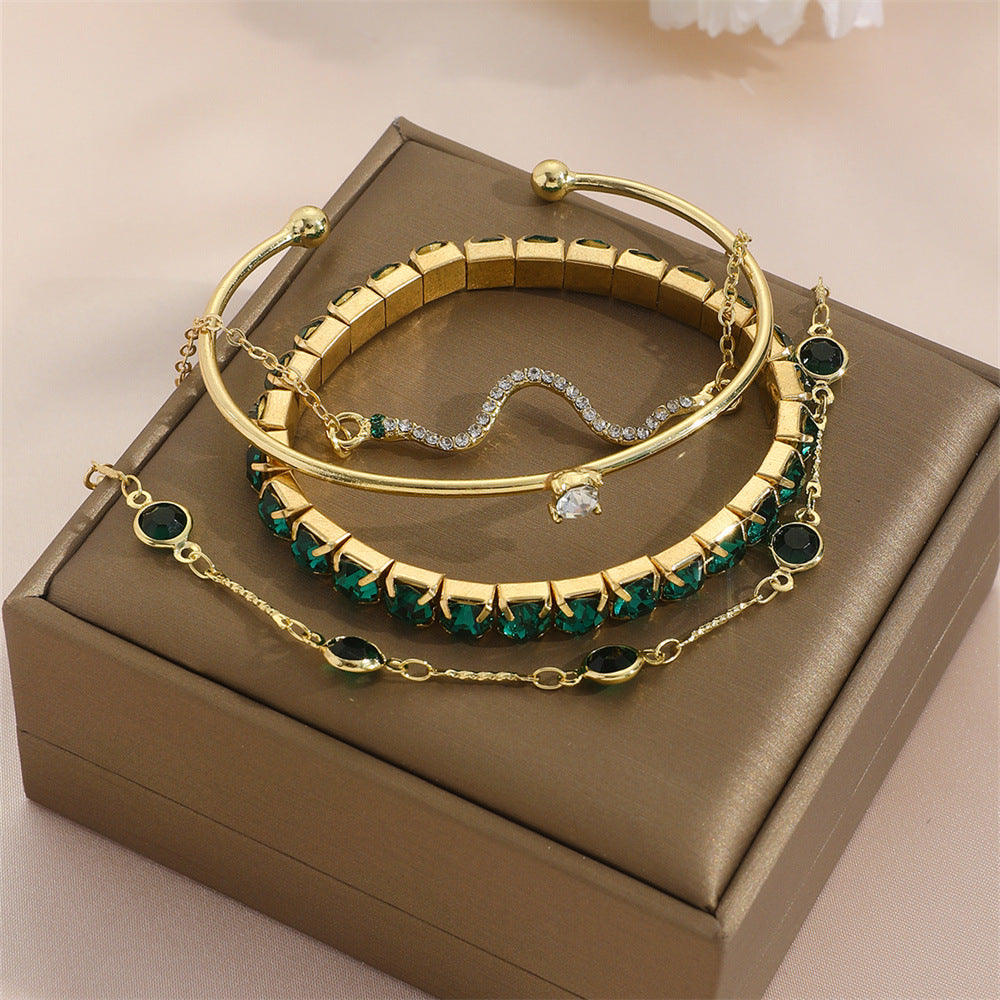 Set de 4 Pulseras de Lujo "Green Diamond" – Estilo Esmeralda y Cristales